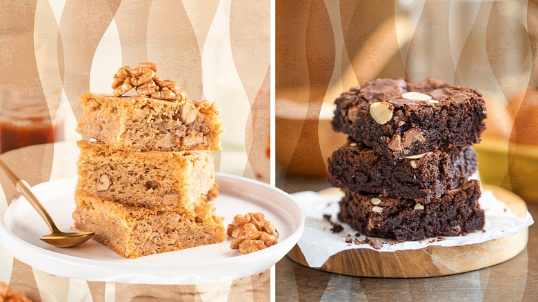 a stack of blondies next to a stack of brownies