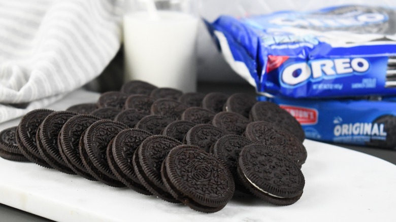 A spread of chocolate sandwiches Oreos and Benton's from Aldi