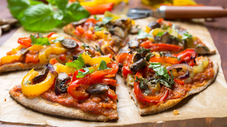 A vegetarian pizza on a whole grain crust