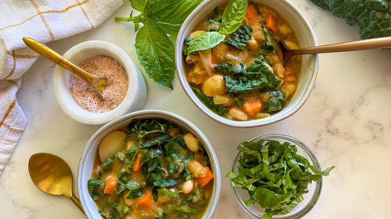 vegetable soup in white bowls