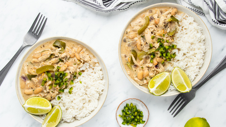 white chicken chili in bowls