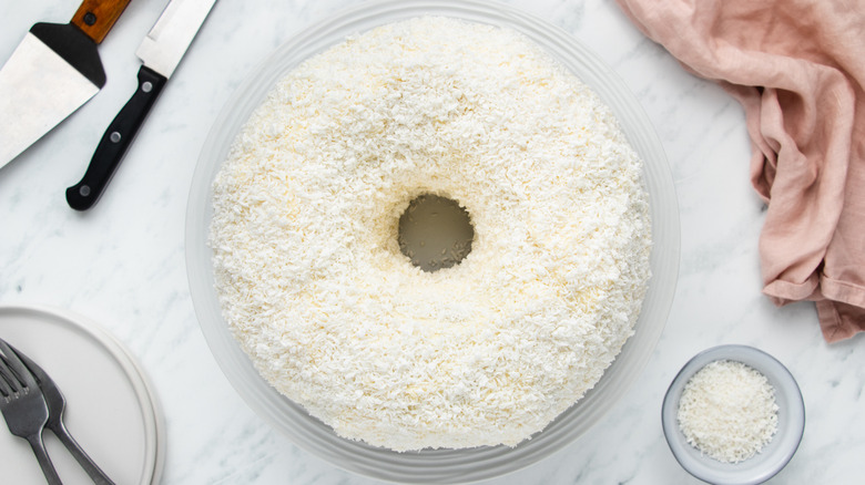 white chocolate coconut bundt cake on plates 