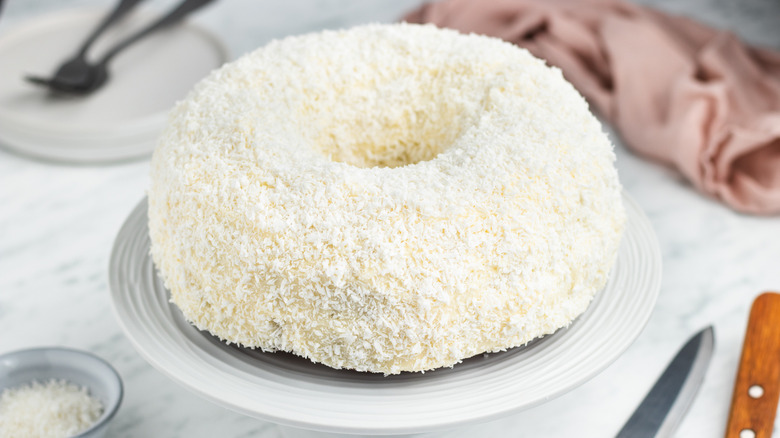 white chocolate coconut bundt cake on plates 