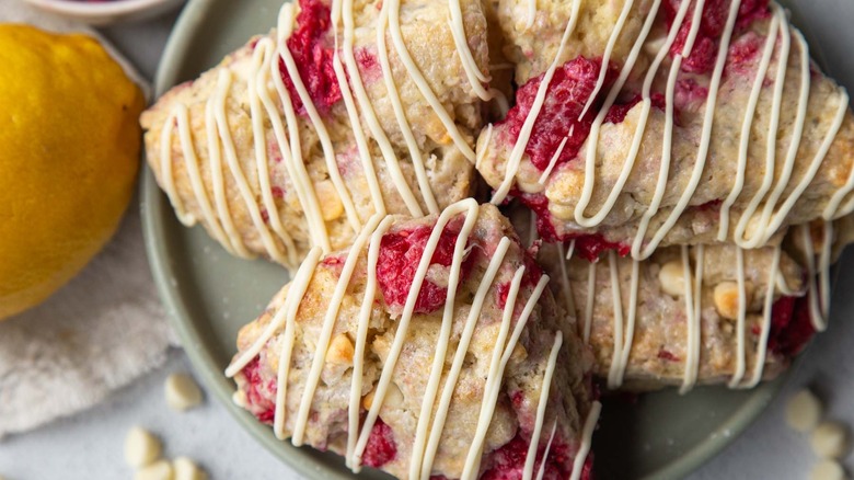 chocolate raspberry scones in bowl