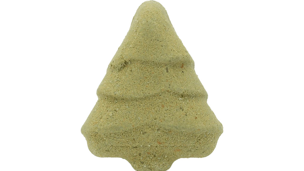 A natural holiday bath bomb in the shape of a Christmas tree, provided by Pacha Soap Co.