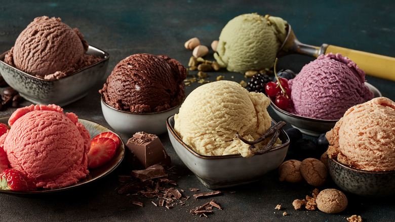 Various ice cream flavors in bowls