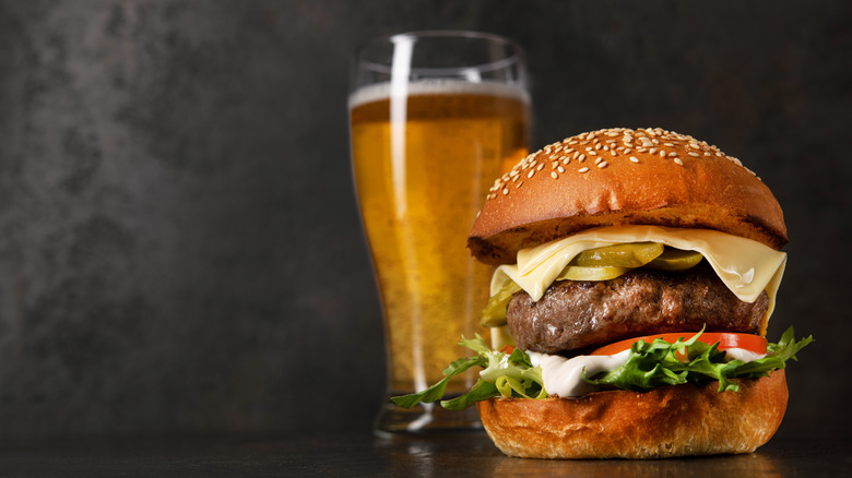 Burger with glass of beer