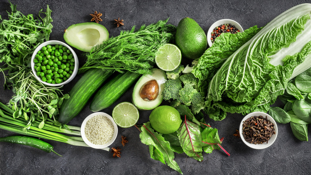 Display of green fruits and veggies