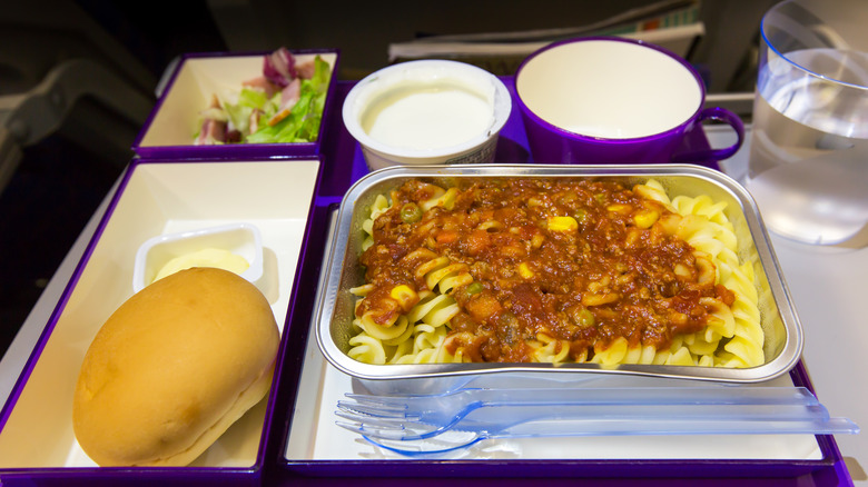 An in-flight pasta dinner