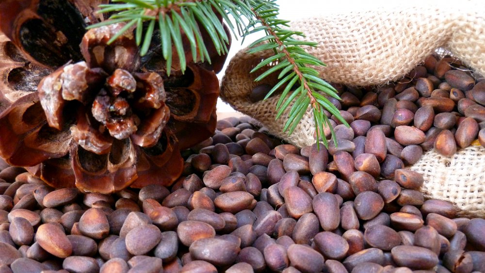 burlap sack with pine cone and pine nuts