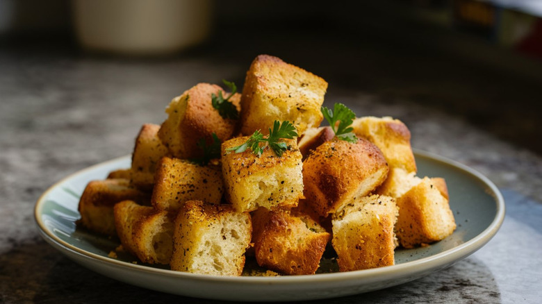 Plate of fresh homemade croutons