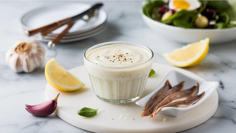 Caesar dressing ingredients on plate