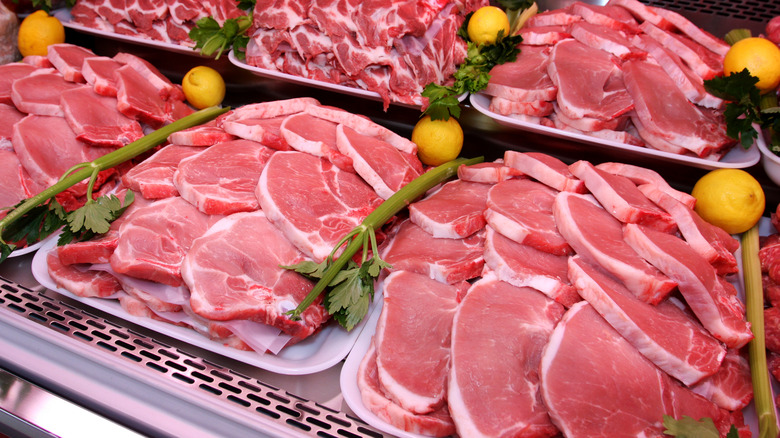 pork chops in a butcher store