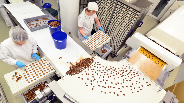 candy on conveyor belt in candy factory