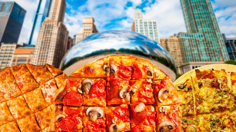 tavern pizzas and Chicago skyline