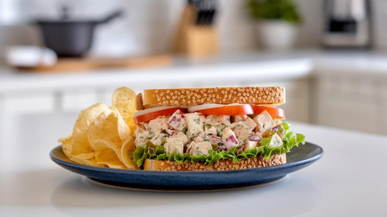 canned chicken salad sandwich on white kitchen counter