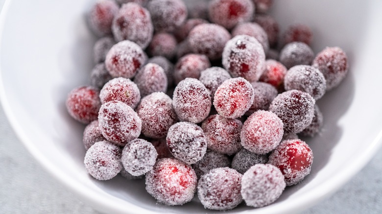 Sugar-covered cranberries in bowl