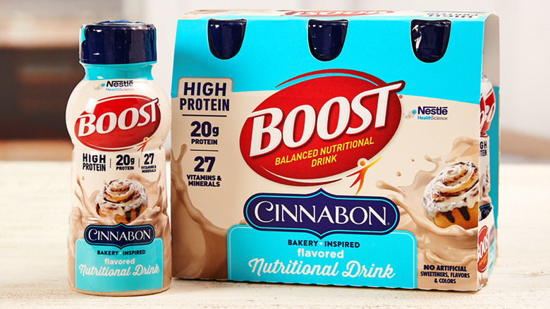 six-pack of Cinnabon's Protein Drink on a counter