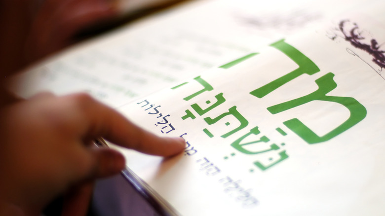 Person's hand tracing lines in the "Haggadah"