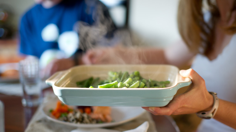 green beans steaming on platter