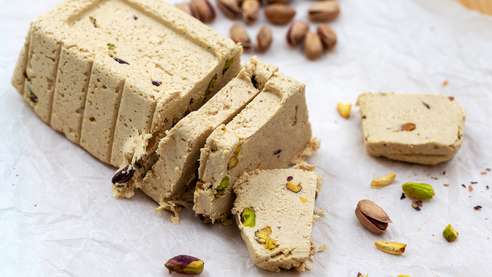 Sliced tahini halva with pistachios