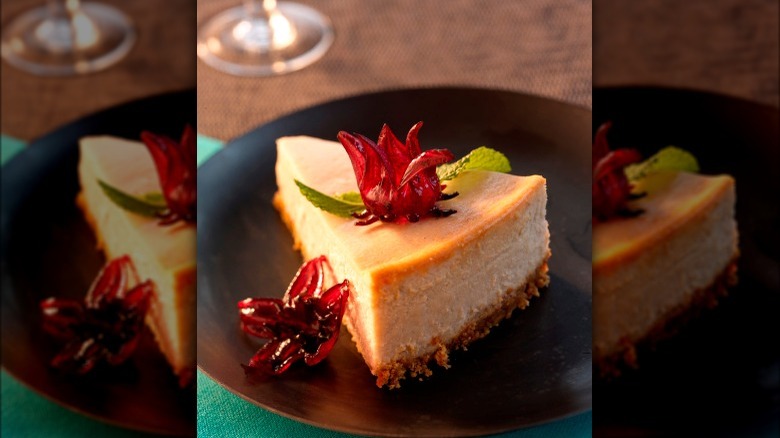 Hibiscus flower garnish on cheesecake