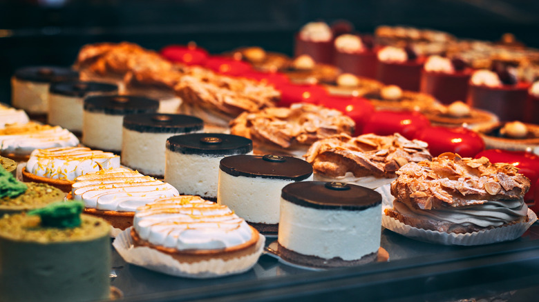 Display of cakes at supermarket bakery