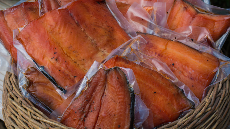 packages of smoked Chinook in basket