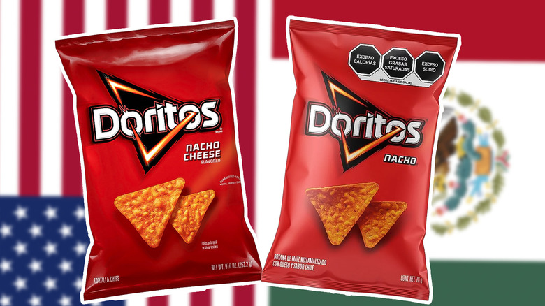 Bags of U.S. and Mexican Doritos over flag background