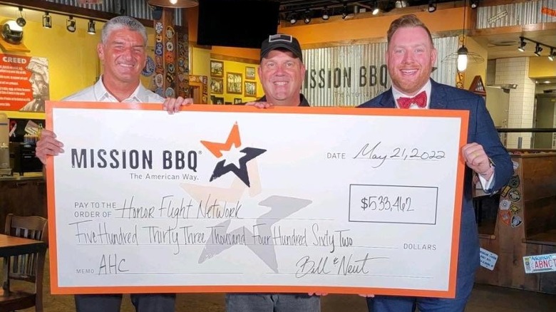 Men presenting a large donation check