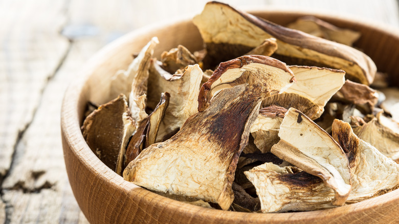 dried porcini mushrooms in bowl