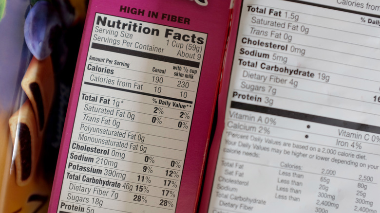 two cereal boxes with nutrition labels closeup