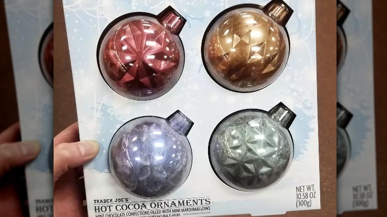 A package of Hot Cocoa Ornaments from Trader Joe's