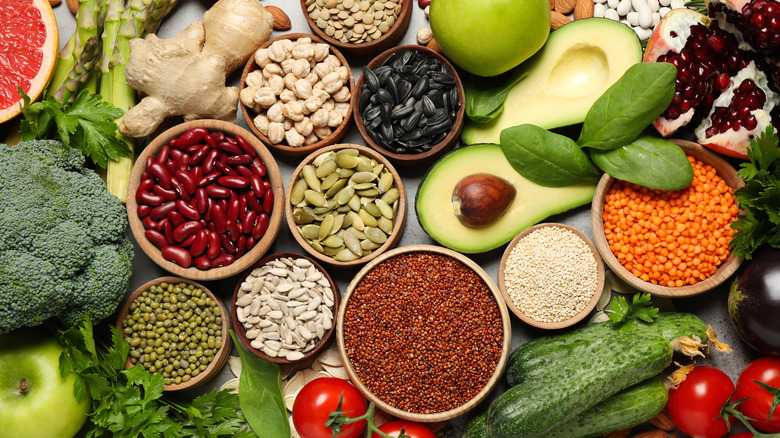 Array of vegetables, seeds, and grains