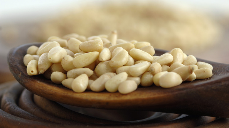 pine nuts on wooden spoon