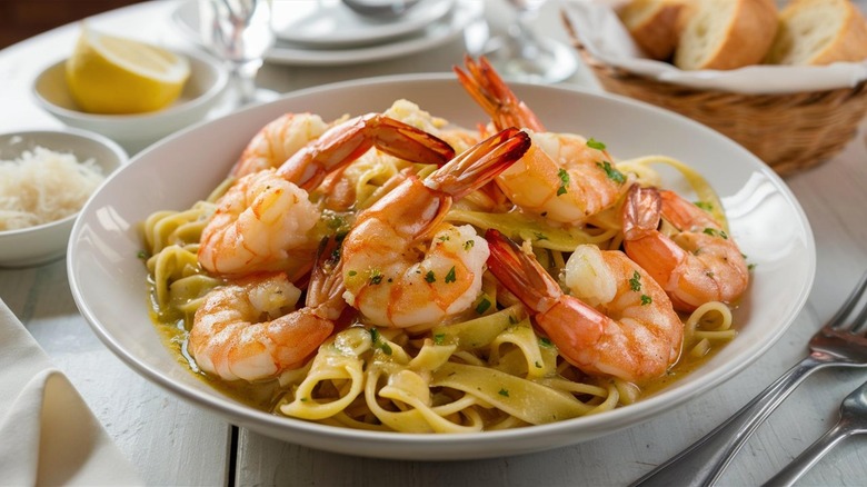 Plate of shrimp scampi on table