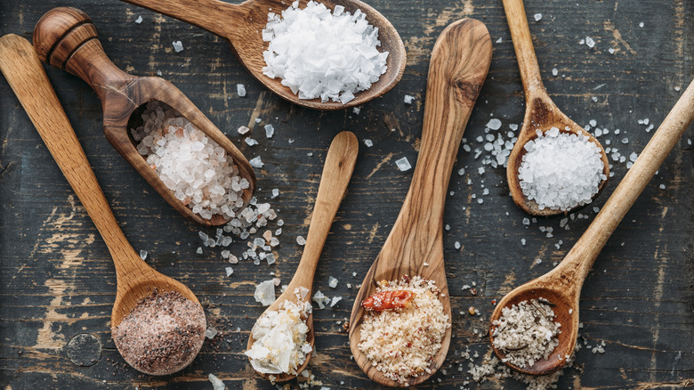 various salts on wooden spoons