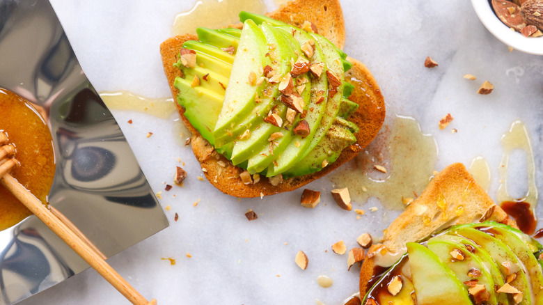 apples, honey, avocado on toast