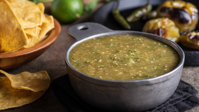 salsa verde bowl with tortilla chips