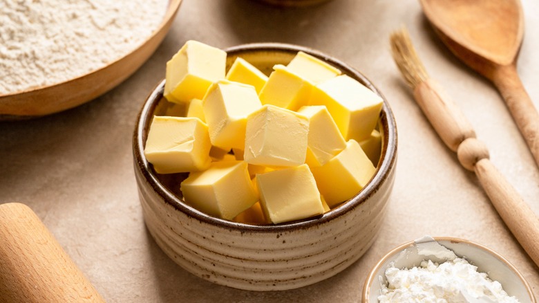 cubed butter in bowl