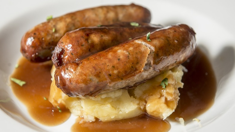 UK dish bangers and mash close-up