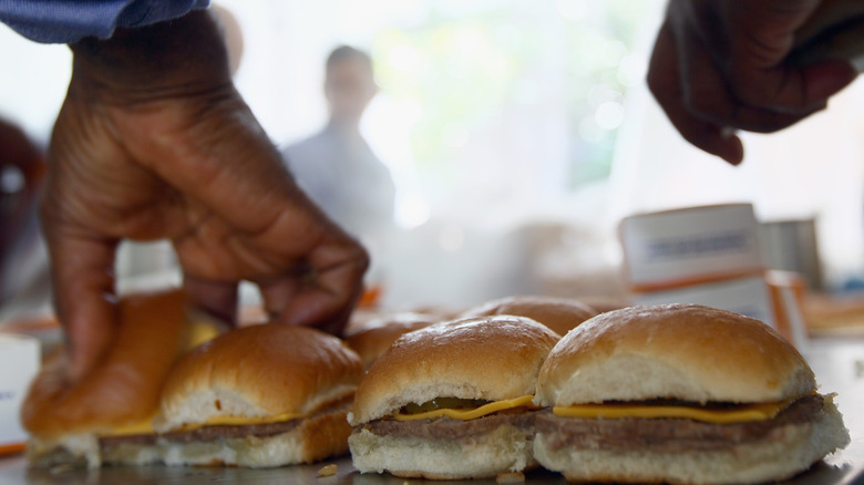 Row of fast food hamburgers