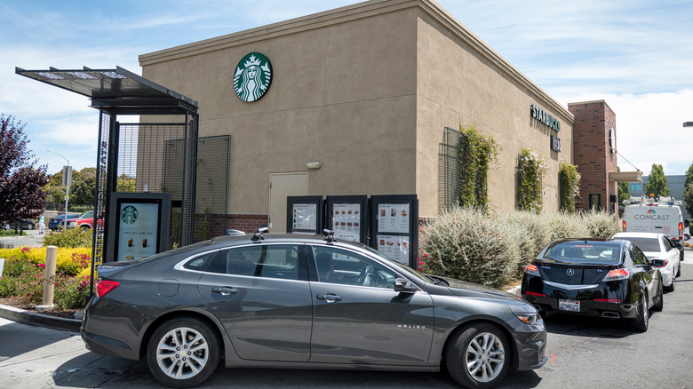 Line of cars at Starbucks drive-thru