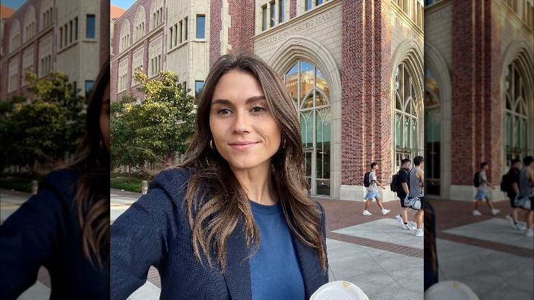 professor sophie flay in front of annenberg school