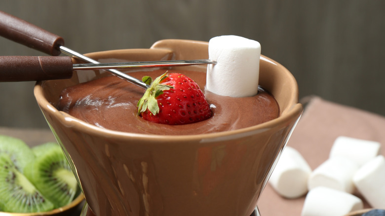 chocolate fondue, strawberry, marshmallow