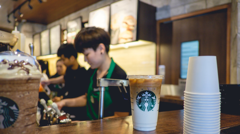 a busy Starbucks counter