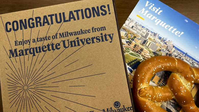 Marquette University welcome packet with soft pretzel