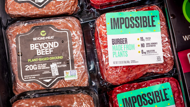 Packaged plant-based ground beef and plant-based burgers 