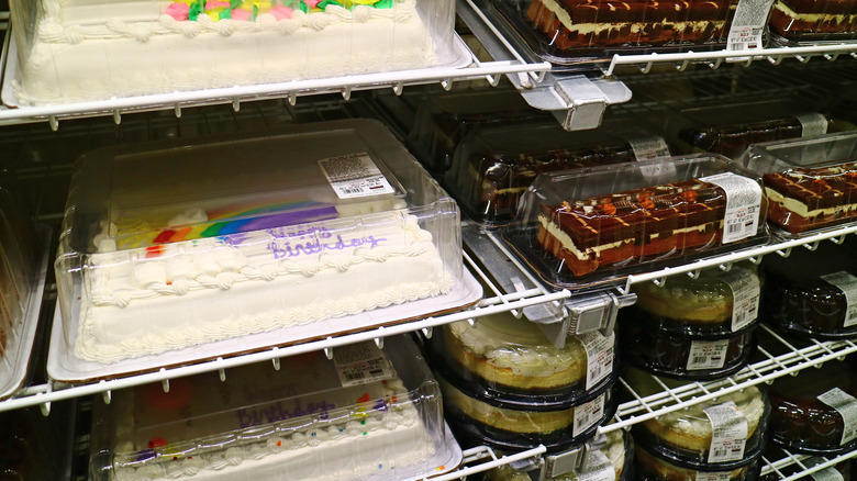 Cakes on wire shelves at Costco