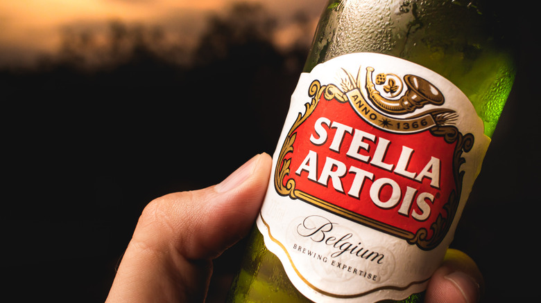 hand holding Stella Artois bottle